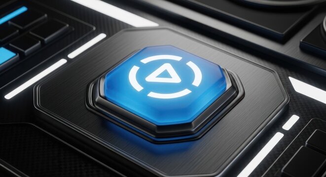 Futuristic control panel with illuminated blue button featuring a triangle symbol