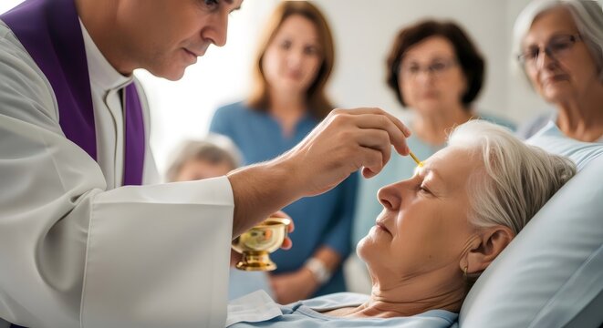Priest anointing sick senior woman in hospital bed
