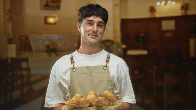 Man in apron holds wooden tray of muffins inside a church building with pews and altar visible, smiling gently while presenting baked goods; humble hospitality serenity.