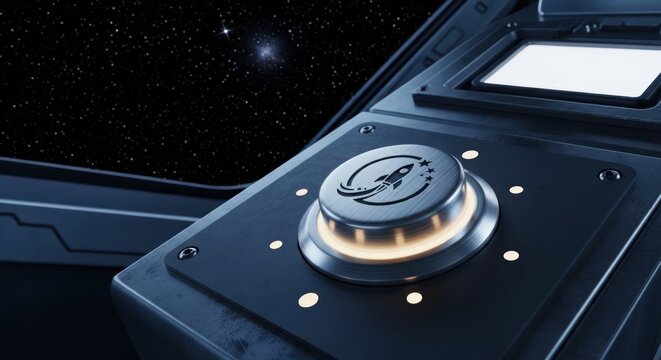 Futuristic cockpit view control panel with illuminated button, starry sky background