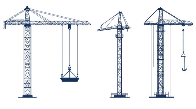 Three stylized, dark blue construction cranes against a white background, in various perspectives