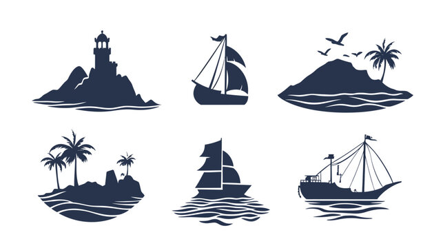 Collection of stylized illustrations featuring maritime elements. Showcasing sailboats, islands, and a lighthouse