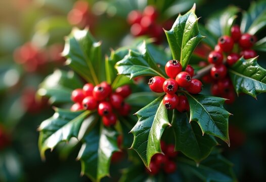 Holly Tree Glossy Spiny Leaves Berry Clusters Detailed Visual Representation