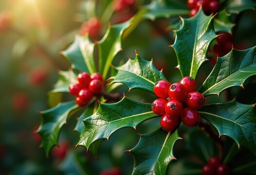 Holly Tree Glossy Spiny Leaves Berry Clusters Detailed Visual Representation