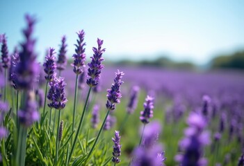 Obraz premium Lush Floral Scene of Lavender Field with Purple Blossoms Swaying in the Gentle Breeze Under Clear Sky