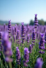 Obraz premium Lush Floral Scene of Lavender Field with Purple Blossoms Swaying in the Gentle Breeze Under Clear Sky