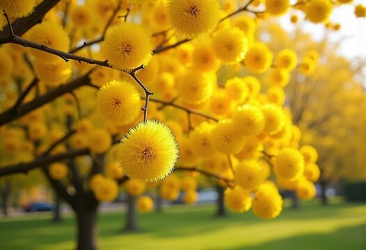 Mimosa Tree Blooms Vibrant Yellow Spherical Flowers in Park Setting with Fresh Lawn and Playful Atmosphere