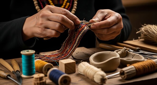 Person weaving colorful fabric on a wooden table