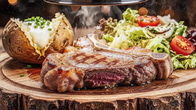 Juicy Grilled Steak Dinner with Baked Potato and Salad.