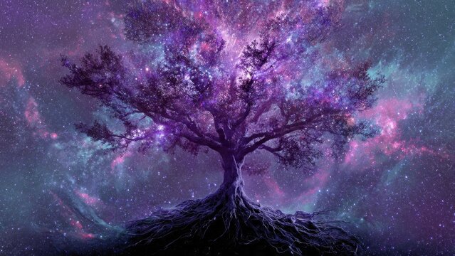 Cosmic Tree with Nebula Background