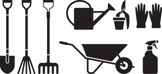 Gardening tools silhouette collection shovels rakes watering can wheelbarrow and gloves © Universal Icons Lab