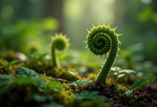 Unfurling Fern Fronds on the Lush Forest Floor in Subdued Lighting Depths of the Woodland