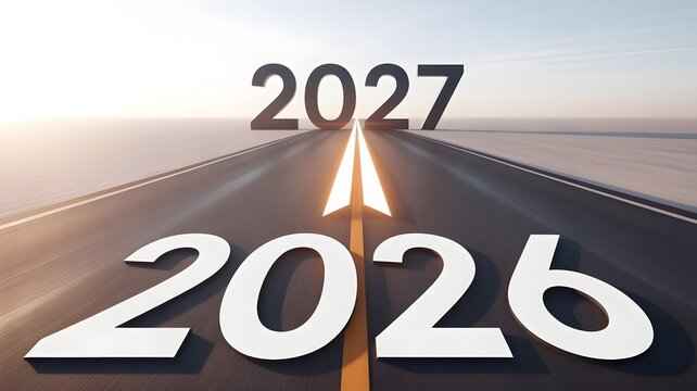 Road to 2027 Concept with Large White Numbers on Asphalt and Sunrise Background
