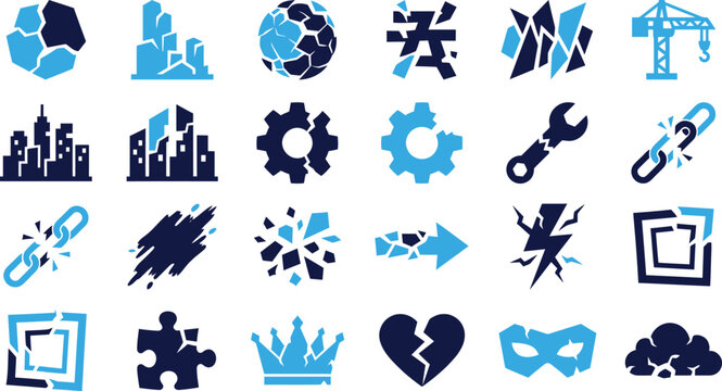 Blue and dark blue abstract icons showing destruction construction and broken elements.