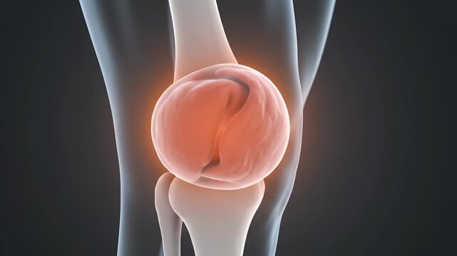 Detailed CGI Medical Visualization of a Human Knee Joint with Illuminated Patella and Bone Structure on a Dark Grey Background for Educational Healthcare Presentations and Research