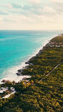 Aerial Drone View of Tulum Coastline at Sunset Caribbean Beach Riviera Maya Mexico