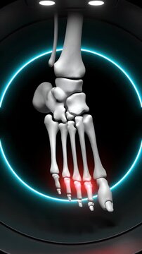 Detailed CGI MRI Reconstruction of a Human Foot Skeleton with Highlighted Metatarsal Injury in Grayscale, Ideal for Educational Medical Presentations and Orthopedic Research Backgrounds