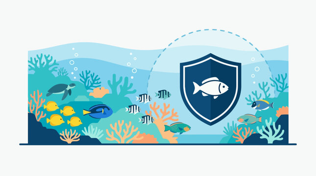 A conceptual Flat Design illustration representing a marine protected area (MPA), featuring a symbolic shield over a healthy, thriving underwater ecosystem. 
