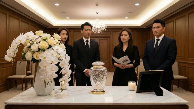 Asian individuals in black suits and dresses gather around a marble table with flowers and an urn, holding a program in an elegant indoor space