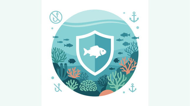 A conceptual Flat Design illustration representing a marine protected area (MPA), featuring a symbolic shield over a healthy, thriving underwater ecosystem. 