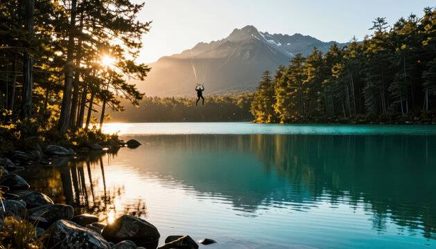 A man is zip-lining over a clear lake surrounded by tall trees and mountains. The setting features sunset lighting reflecting on the water, creating a serene atmosphere.