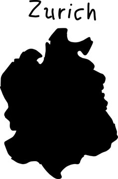 Black silhouette map of Zurich canton Switzerland with handwritten title, isolated on white background. Minimal geographic vector design icon artwork set.
