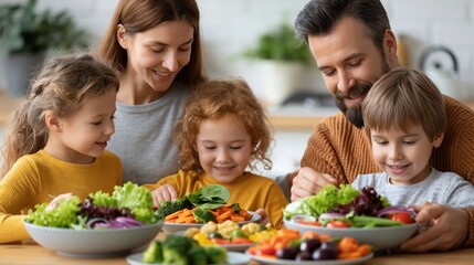 Happy family of four enjoying a healthy dinner of fresh vegetables together