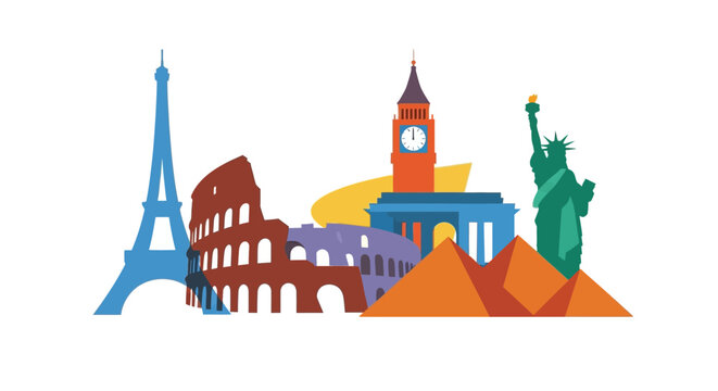 Iconic landmarks illustration tower colosseum statue big ben pyramids