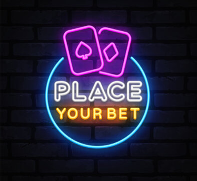 Place Your Bet neon sign with glowing playing cards above, text split in white and orange, casino-style lettering in circle with blue frame.