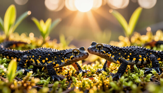 Two amphibians, specifically salamanders, face each other in a natural setting. The salamanders feature distinct black bodies with yellow spots in a lush environment.