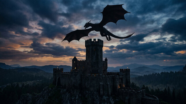 Dragon's Descent: A majestic dragon soars above a medieval castle, silhouetted against a dramatic sunset sky. A blend of fantasy, adventure, and the awe-inspiring power of myth.