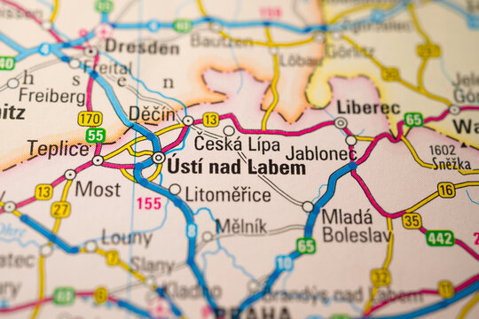 Close up road map showing Usti nad Labem and Liberec region.