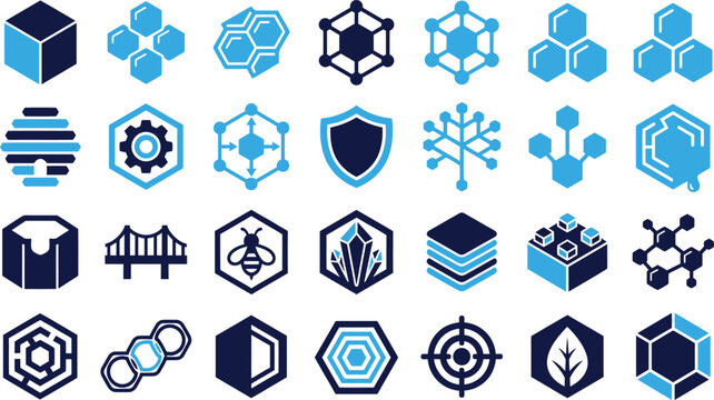 Abstract geometric shapes and science technology concepts hexagon cubes and molecular structures.