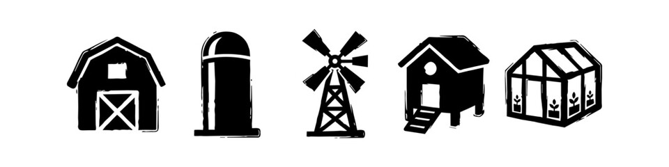 Set of Hand Drawn Farm Icons Featuring a Rustic Barn, Silo, Windmill, Chicken Coop, and Greenhouse Silhouette Graphics for Agricultural and Gardening Design Projects © Victor