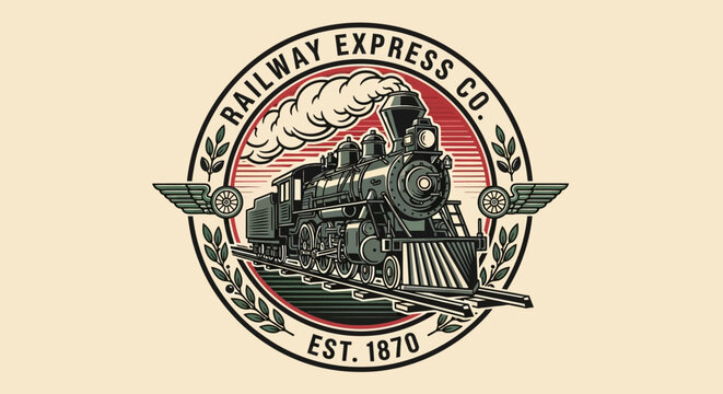 Vintage steam train logo with Railway Express Co. text.
