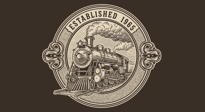 Vintage steam train logo with Established 1885 text.