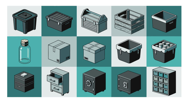 Collection of isometric storage containers and boxes, pixel art style