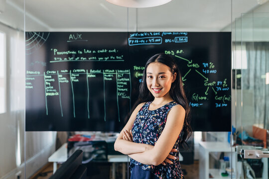 Confident businesswoman in office by glass board notes