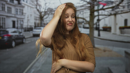 Fototapeta premium Woman wearing brown top touches chin with hand and crosses arms on street; doubt introspection reflection.