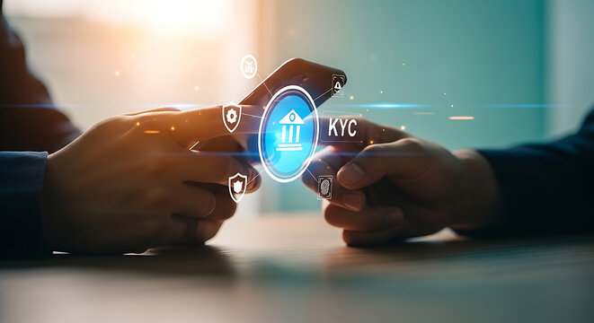 Two people holding a smartphone with a glowing digital kyc and security shields, representing identity verification, banking security, and data protection