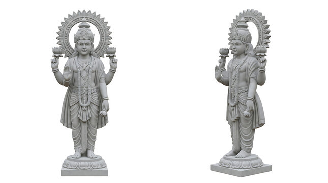 3D render of Hindu deity Lord Vishnu stone statue isolated on white background. Front and side views of Indian god idol for religious design, spiritual education, and cultural projects.