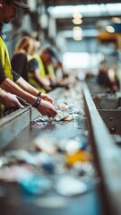 Obraz premium Workers Sorting Plastic Waste on Conveyor Belt