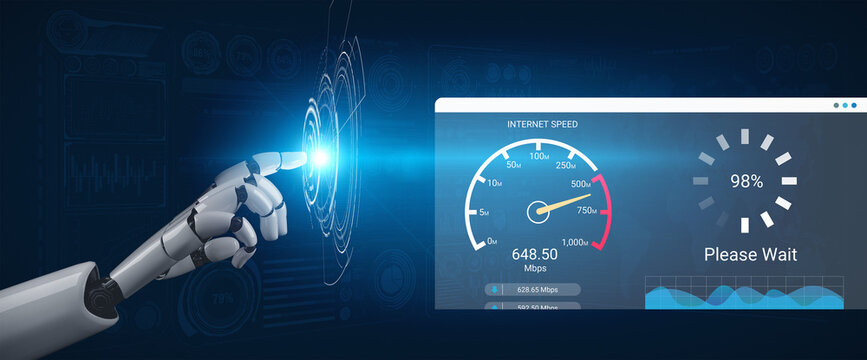 A robotic hand interacts with a digital display, showcasing an internet speed measurement and a loading indicator, symbolizing advanced technology and connectivity. Ledger