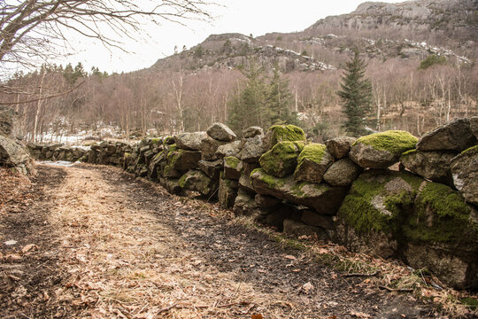 Moss covered stone wall beside country path in rugged rural landscape with timeless heritage feel.