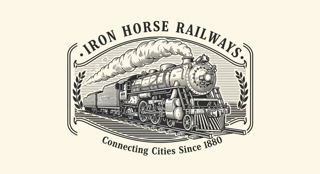Vintage steam locomotive train logo design.