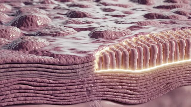 Detailed CGI of Epithelial Layer with Varying Thickness Highlighting Cellular Structures for Medical Education and Scientific Research in a Clean Microscopic View