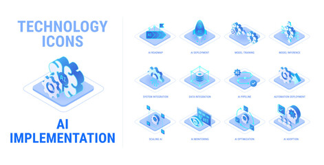 Obraz na płótnie Canvas AI Implementation technology icons set for workflow diagram isolated on white background - AI automation, deployment, roadmap, pipeline, system integration, AI model - high quality isometric vector