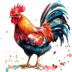 Chicken Wild Type A Junglefowl, colorful watercolor painting with bold outlines, isolated on a white background. © zenvor