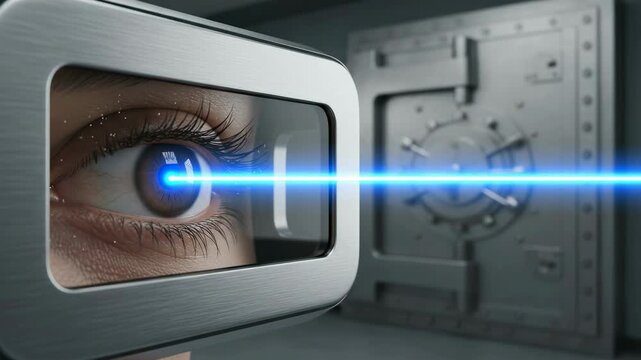 Close-up view of a human eye engaged in biometric scanning with a blue laser aimed at a secure vault door in a high-tech setting
