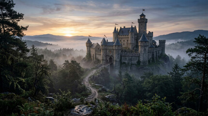 Obraz premium Castle Amidst Mist: A majestic castle perched atop a misty hill, bathed in the soft glow of dawn, evokes a sense of history, mystery, and timelessness.
